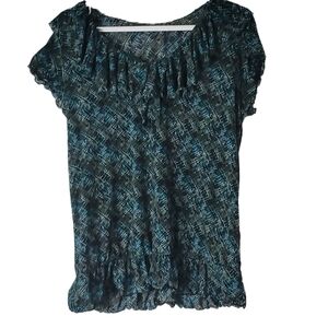 Women's Black and Blue Ruffled Top    Size- M